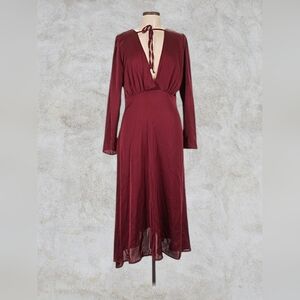 Deep V Long-Sleeve Midi Dress in Burgundy